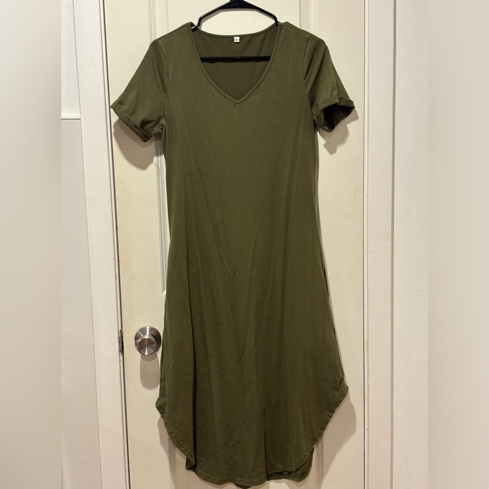 Olive Green V-Neck T-Shirt Dress